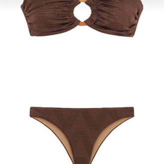Aksesuarlı dokulu kahverengi straplez bikini takımı 