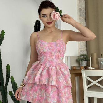 Flora pembe ip askılı mini elbise 00342