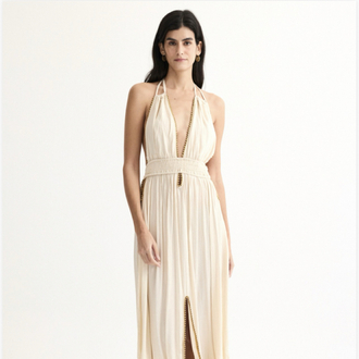 Gold boncuklu bej elbise Ld904