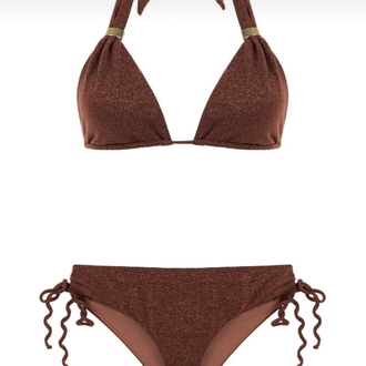 Toka detaylı uzun üçgen gold simli kahverengi bikini takımı
