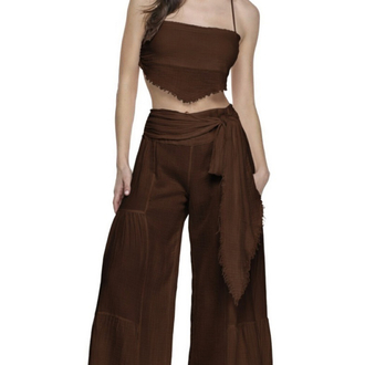 Müslin crop pantolon takım kahverengi 6236-5245