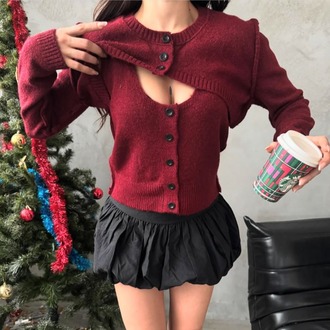 Omuz Dekolteli Bordo Triko Bolero Set