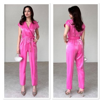 Parlak Kumaş Rahat Tulum-Pembe 