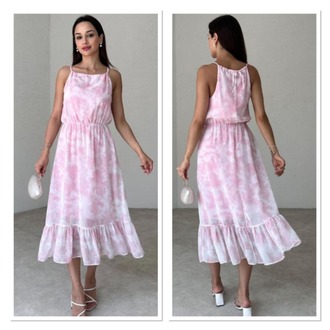 Batik Desenli Askılı Midi Elbise-PEMBE  ( GENİŞ KALIPTIR )