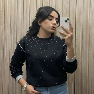 Işıltılı Taş Detaylı Siyah Sweatshirt