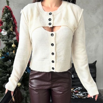 Omuz Dekolteli Ekru Triko Bolero Set