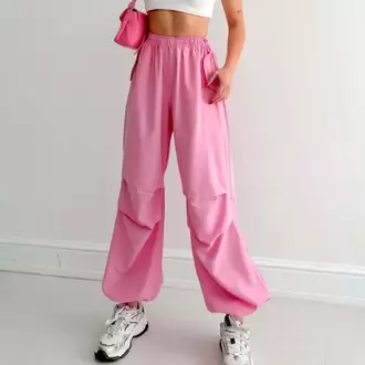 Yüksek Bel Büzgülü Paça Paraşüt Pantolon-Pembe