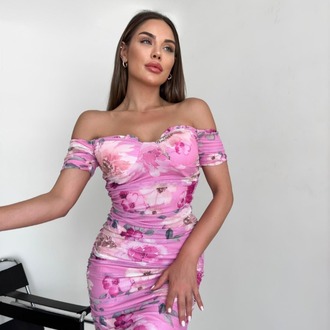 Pembe Yan Buzgülü Çiçekli Elbise
