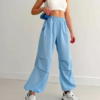 Yüksek Bel Büzgülü Paça Paraşüt Pantolon-Mavi