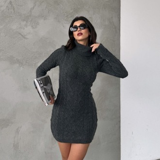 Füme Rengi Saç Örgü Triko Mini Elbise