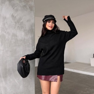 Siyah Oversize Balıkçı Yaka Tunik Kazak