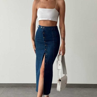 Düğme Detaylı Yırtmaçlı Denim Midi Etek