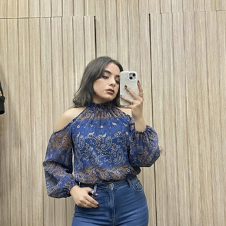 Omuz Dekolteli Bohem Esinti Şal Desen Bluz