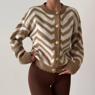 Camel & Ekru Zigzag Desenli Gold Düğmeli Triko Hırka