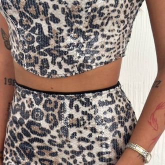 Leopar Desenli Crop Top & Mini Etek İkili Takım