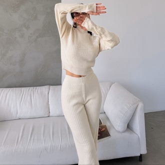 Ekru Fitilli Crop Triko Takım (Kazak ve Pantolon)
