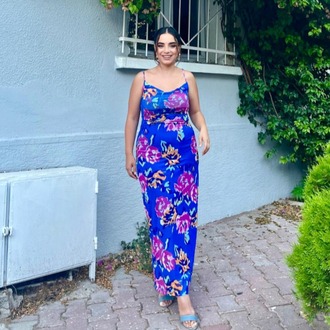 Çiçek Desenli İp Askılı Büzgülü Maxi Elbise