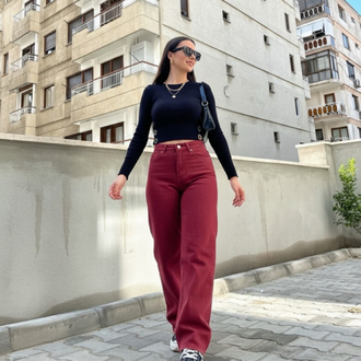 Merlot Wide Leg (Geniş Paça) Yüksek Bel Bordo Pantolon