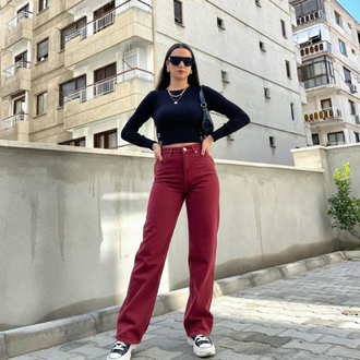Merlot Wide Leg (Geniş Paça) Yüksek Bel Bordo Pantolon