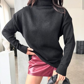 Siyah Oversize Balıkçı Yaka Tunik Kazak