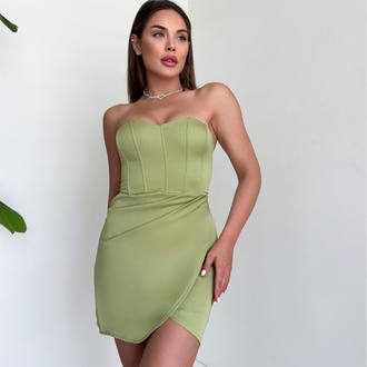 Yeşil Korse Detaylı Mini Elbise