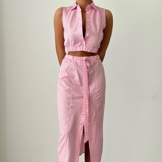 Çizgili Kolsuz Crop Top ve Yırtmaçlı Midi Etek Takım