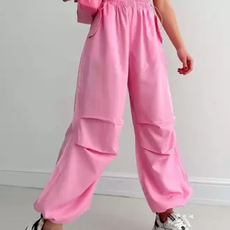 Yüksek Bel Büzgülü Paça Paraşüt Pantolon-Pembe