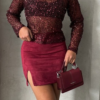 Yüksek Bel Yandan Yırtmaçlı Mini Etek - Bordo