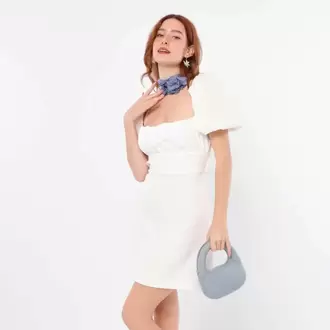 Sırtı Açık Büzgülü Mini Elbise-Beyaz 