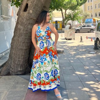 Desenli Bağlama Detaylı Maxi Elbise-TURUNCU