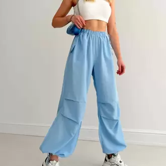 Yüksek Bel Büzgülü Paça Paraşüt Pantolon-Mavi