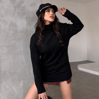 Siyah Oversize Balıkçı Yaka Tunik Kazak