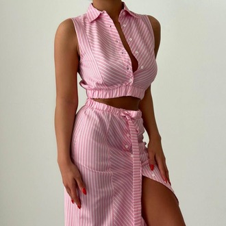 Çizgili Kolsuz Crop Top ve Yırtmaçlı Midi Etek Takım