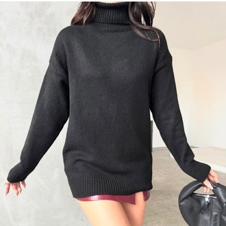 Siyah Oversize Balıkçı Yaka Tunik Kazak