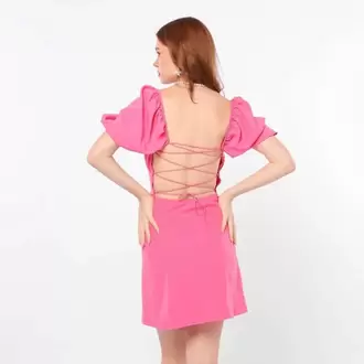 Sırtı Açık Büzgülü Mini Elbise-PEMBE