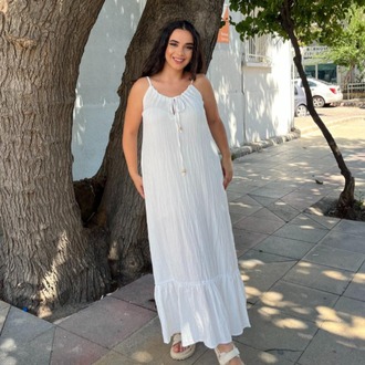 Büzgü Detaylı İp Askılı Katlı Maxi Elbise