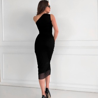 Siyah Tek Omuz Transparan Detaylı Elbise