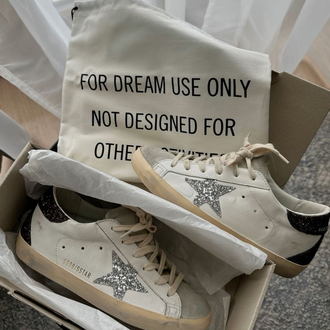 Golden Goose Super-Star with silver star and black glitter heel tab