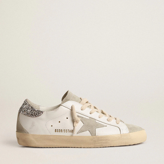 Golden Goose Super-Star with gray star and silver glitter heel tab