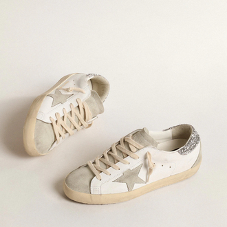 Golden Goose Super-Star with gray star and silver glitter heel tab
