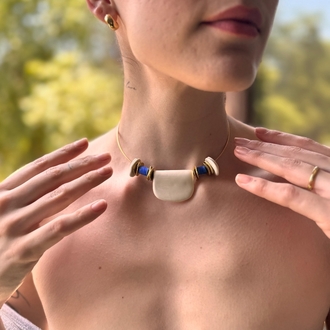 Porselen Mavi cam taşlı Choker Kolye