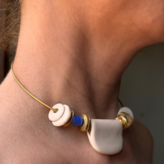 Porselen Mavi cam taşlı Choker Kolye
