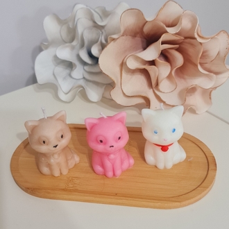 3 lü ahşap tabaklı,kedi konseptli kokulu mum
