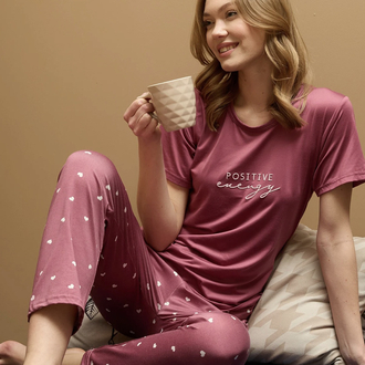 Gül Rengi Kalpli Pijama Takımı