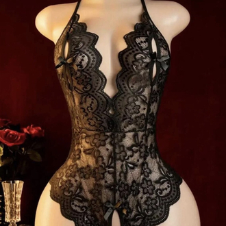Özel Bölgesi Açık Bodysuit Siyah