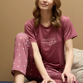 Gül Rengi Kalpli Pijama Takımı