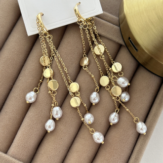 Vip 14K İnci Detaylı Sallantılı Pullu Küpe