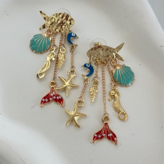 Altın Kaplama 14K Çoklu Charmlı Balık Küpe
