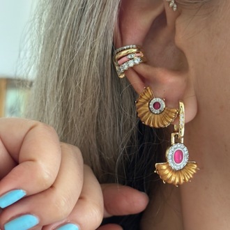 Vip 14K Pembe Taş Bronz Detay Küpe
