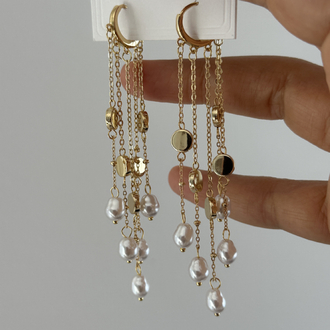 Vip 14K İnci Detaylı Sallantılı Pullu Küpe